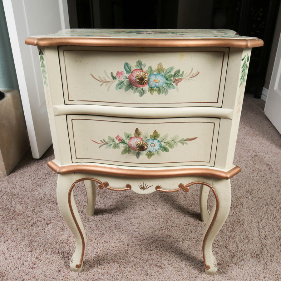 Small French Style Side Chest with Gold and Pastel Floral Motifs