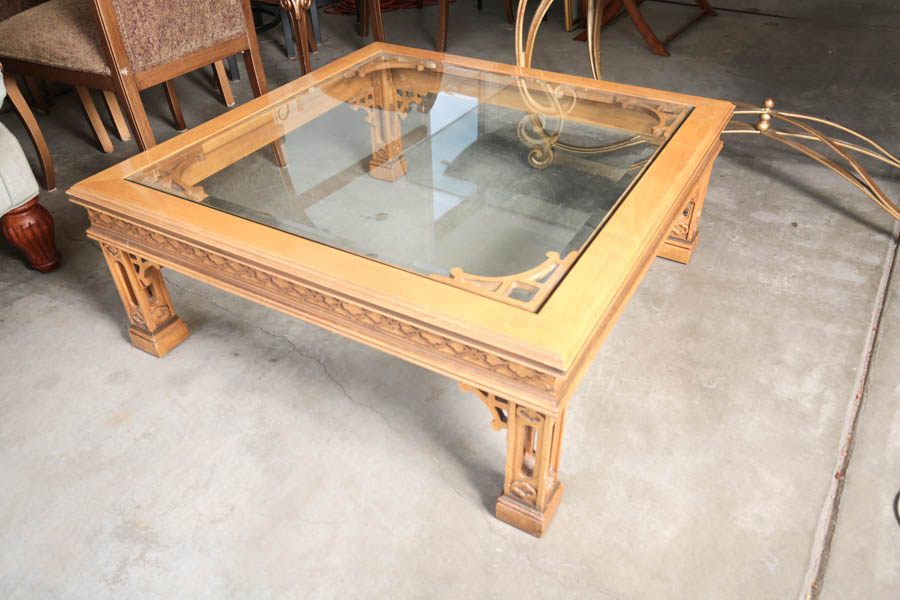 Contemporary Chinese Chippendale Style Glass Top Coffee Table