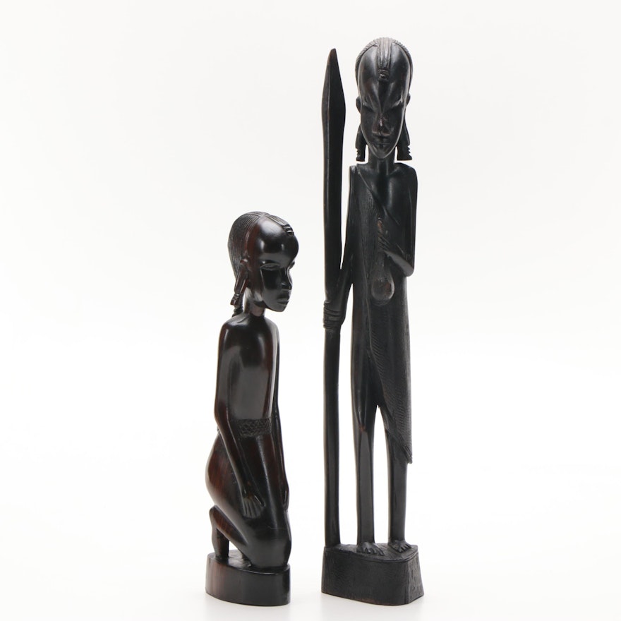 East African Inspired Carved Wooden Maasai Warrior Figures