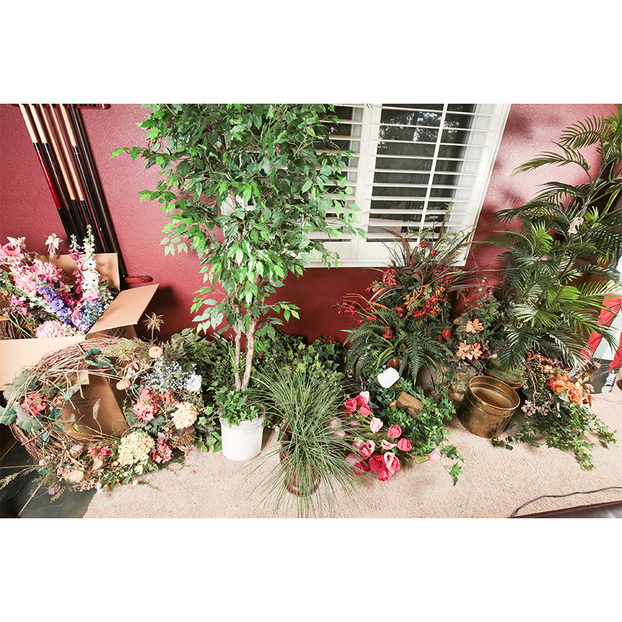Generous Collection of Faux Plants, Potted Trees and Floral Arrangements
