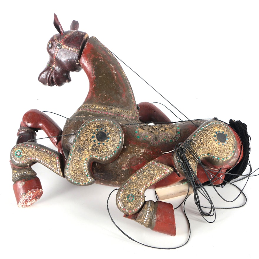 Vintage Carved Wood Marionette of a Horse From Thailand