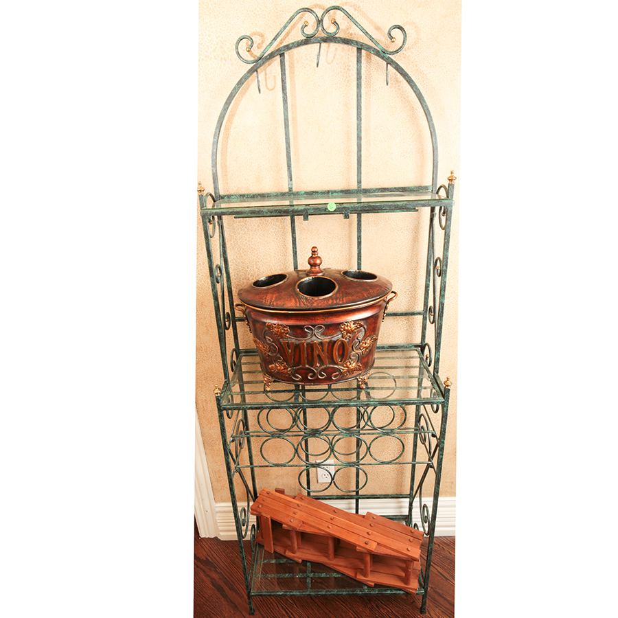 Metal and Glass Wine Stand and Folding Wood Wine Rack