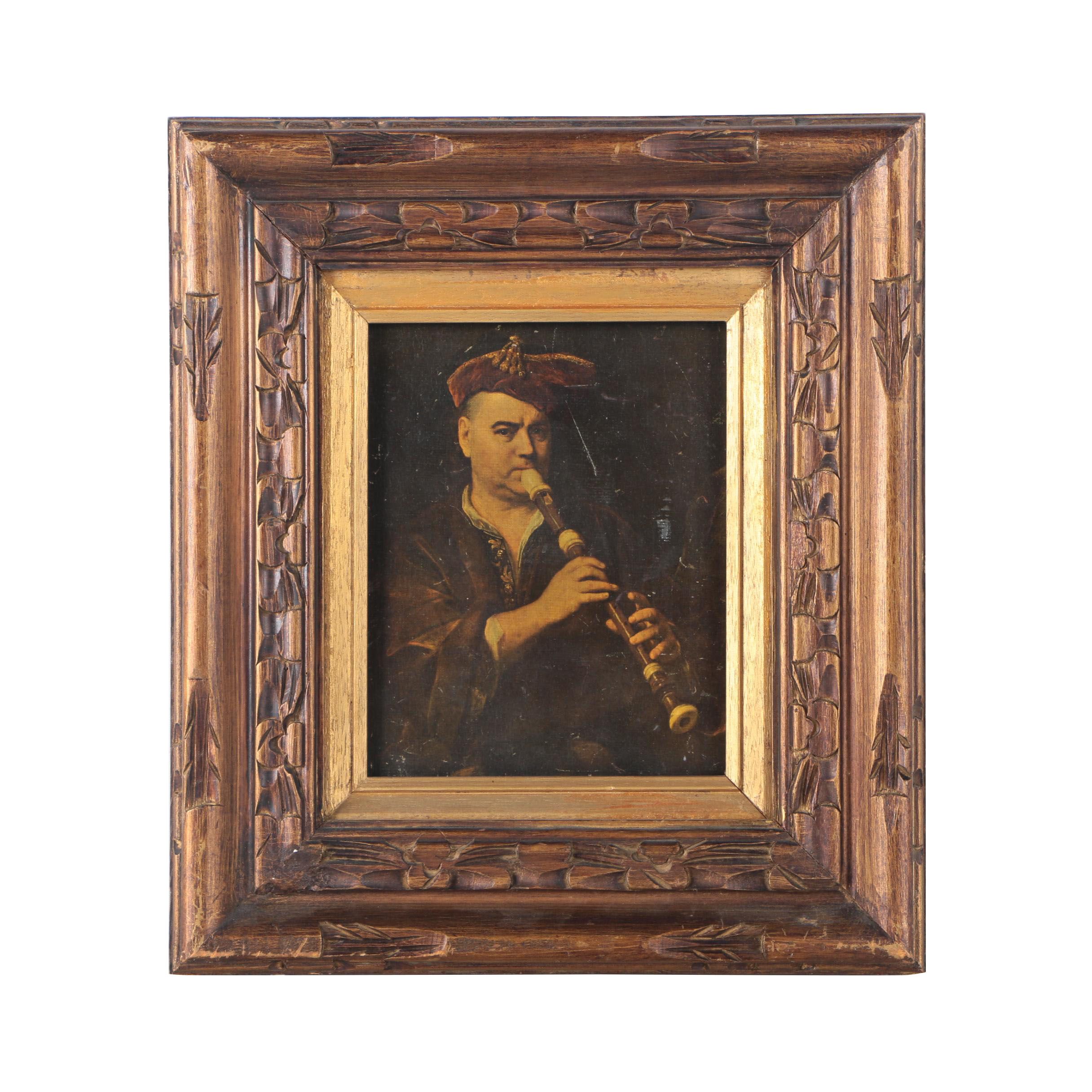 Offset Lithograph on Canvas of Man Playing a Recorder