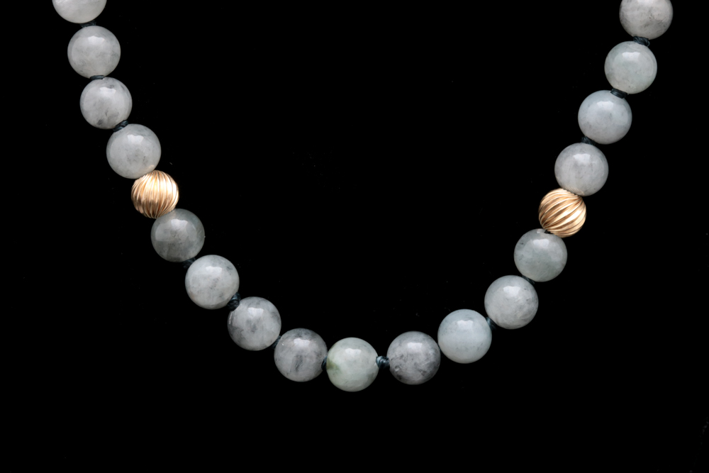 14K Yellow Gold and Grey Jade Bead Necklace