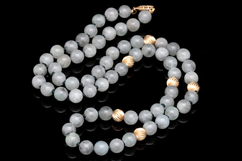 14K Yellow Gold and Grey Jade Bead Necklace