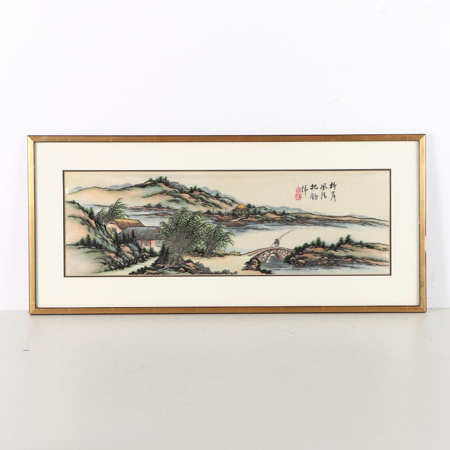 Chinese Embroidered and Painted Waterfront Landscape Scene on Silk
