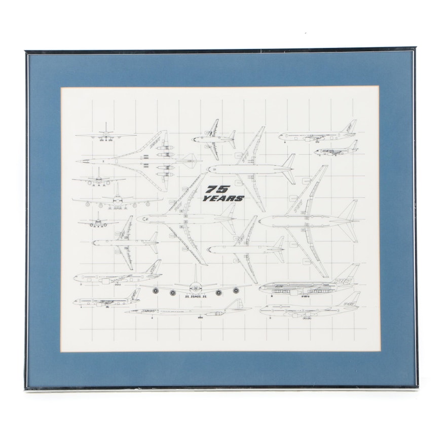 Technical Drawing of 20th-Century Boeing Airplane Designs "75 Years"