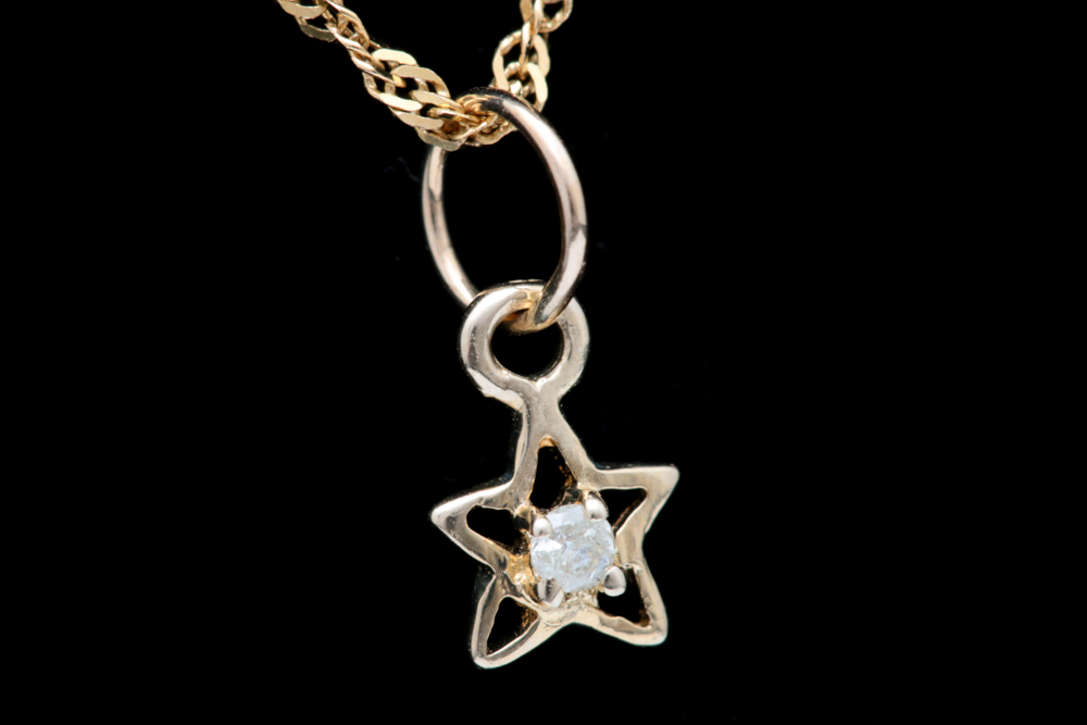 14K Yellow Gold and Diamond Star Pendant with Chain