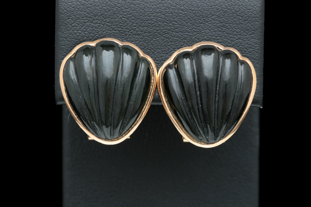 14K Yellow Gold and Black Chalcedony Carved Earrings