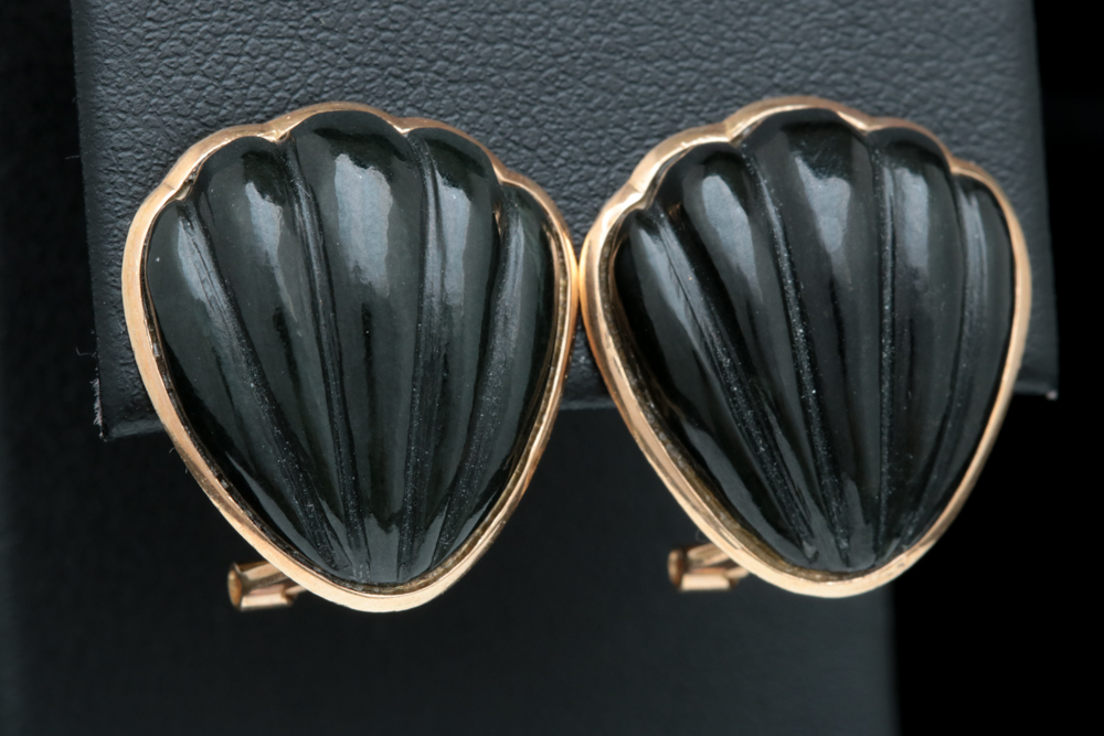 14K Yellow Gold and Black Chalcedony Carved Earrings
