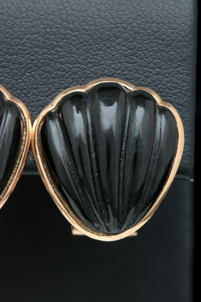 14K Yellow Gold and Black Chalcedony Carved Earrings