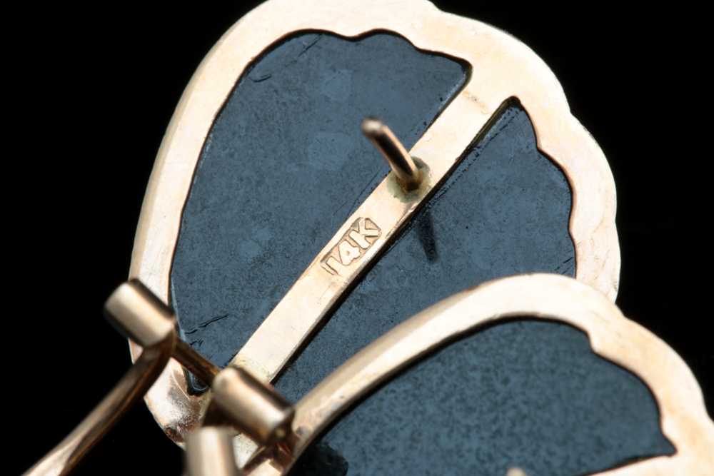 14K Yellow Gold and Black Chalcedony Carved Earrings