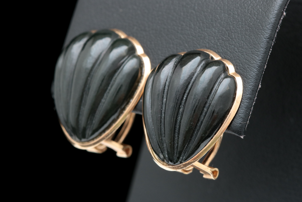 14K Yellow Gold and Black Chalcedony Carved Earrings