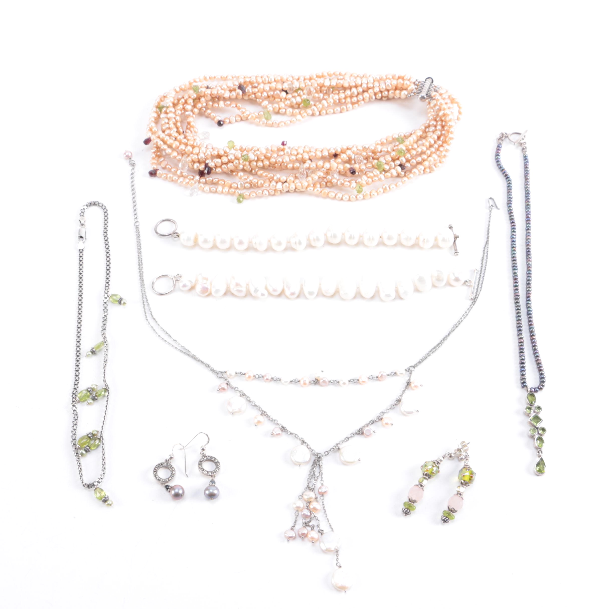 Sterling Jewelry Including Cultured Pearl and Peridot