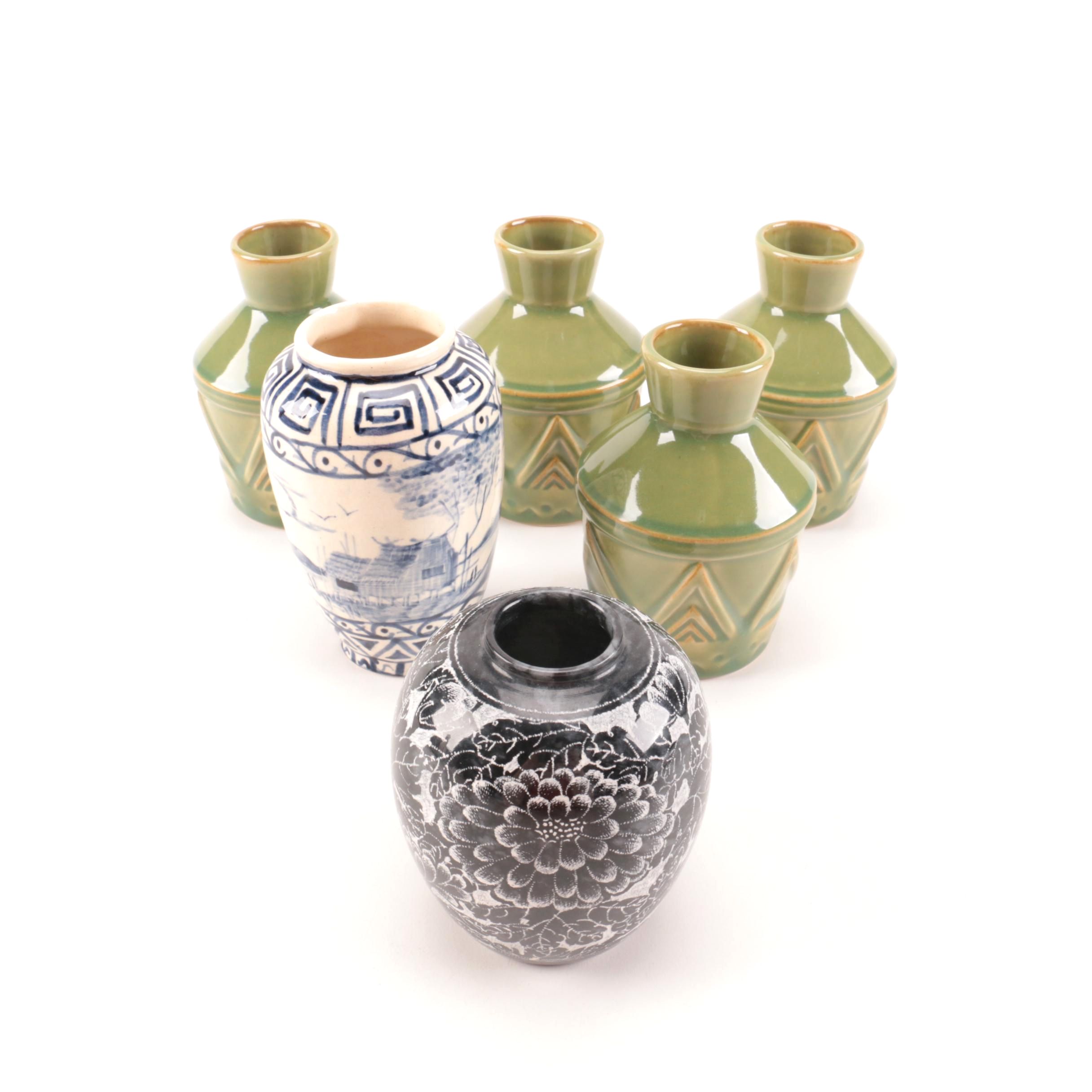 Assorted Asian Style Ceramic Vases Featuring Vintage Anaware Pottery