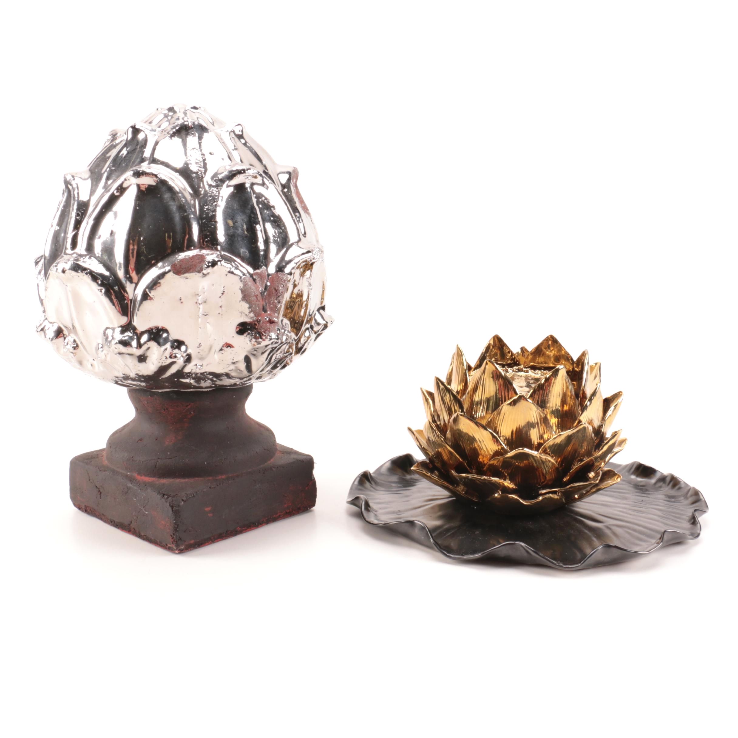 Silver and Gold Tone Decorative Floral Statues