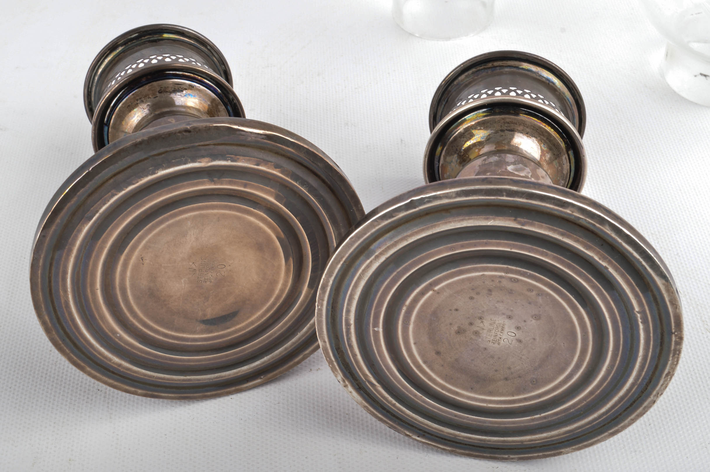 Two Pairs of Weighted Sterling Candleholders Including Hurricanes