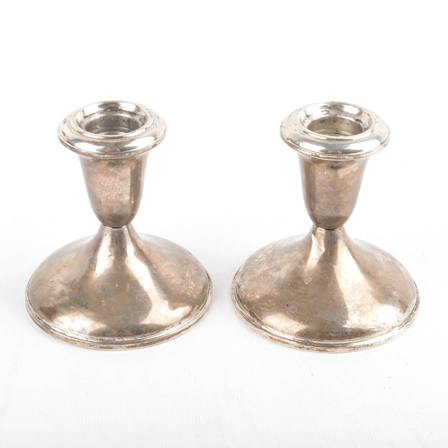 Two Pairs of Weighted Sterling Candleholders Including Hurricanes