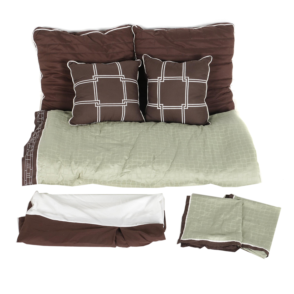 White and Brown Bedspread, Sheet and Pillows