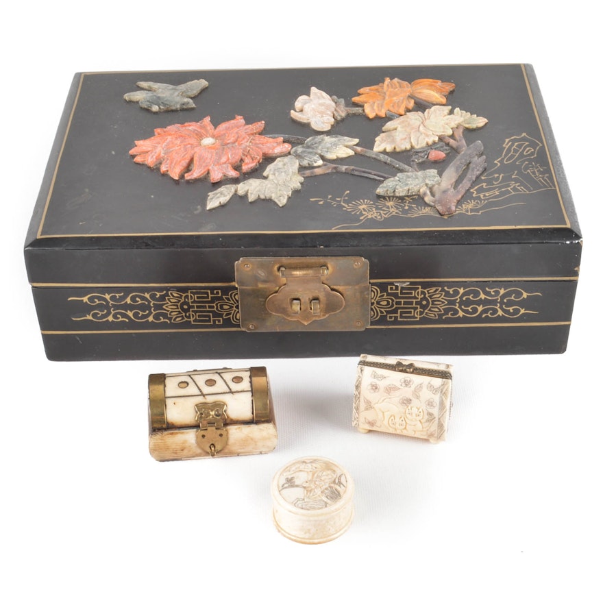 Jewelry Box With Applied Soapstone Carvings and Carved Bone Boxes