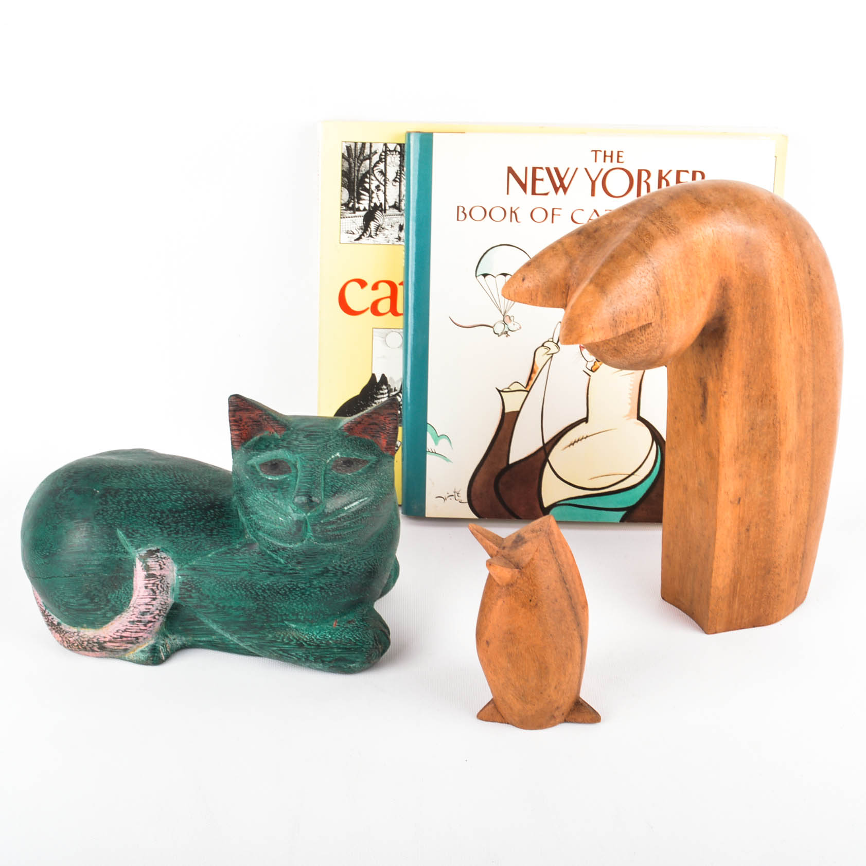 Carved Cat and Mouse Sculptures and Cat-Themed Books