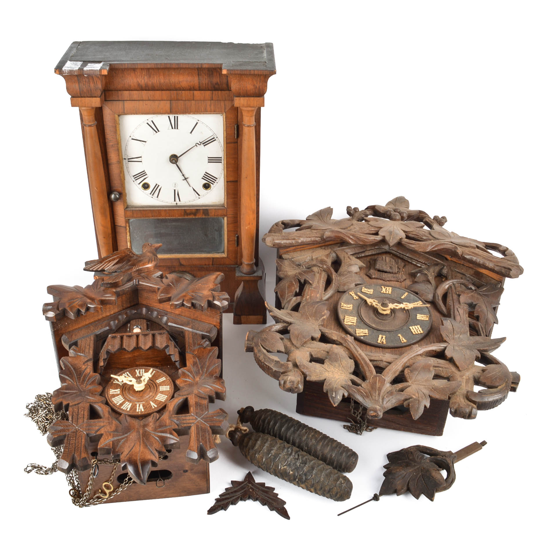 Antique and Vintage Wooden Clocks Including Cuckoo Clocks