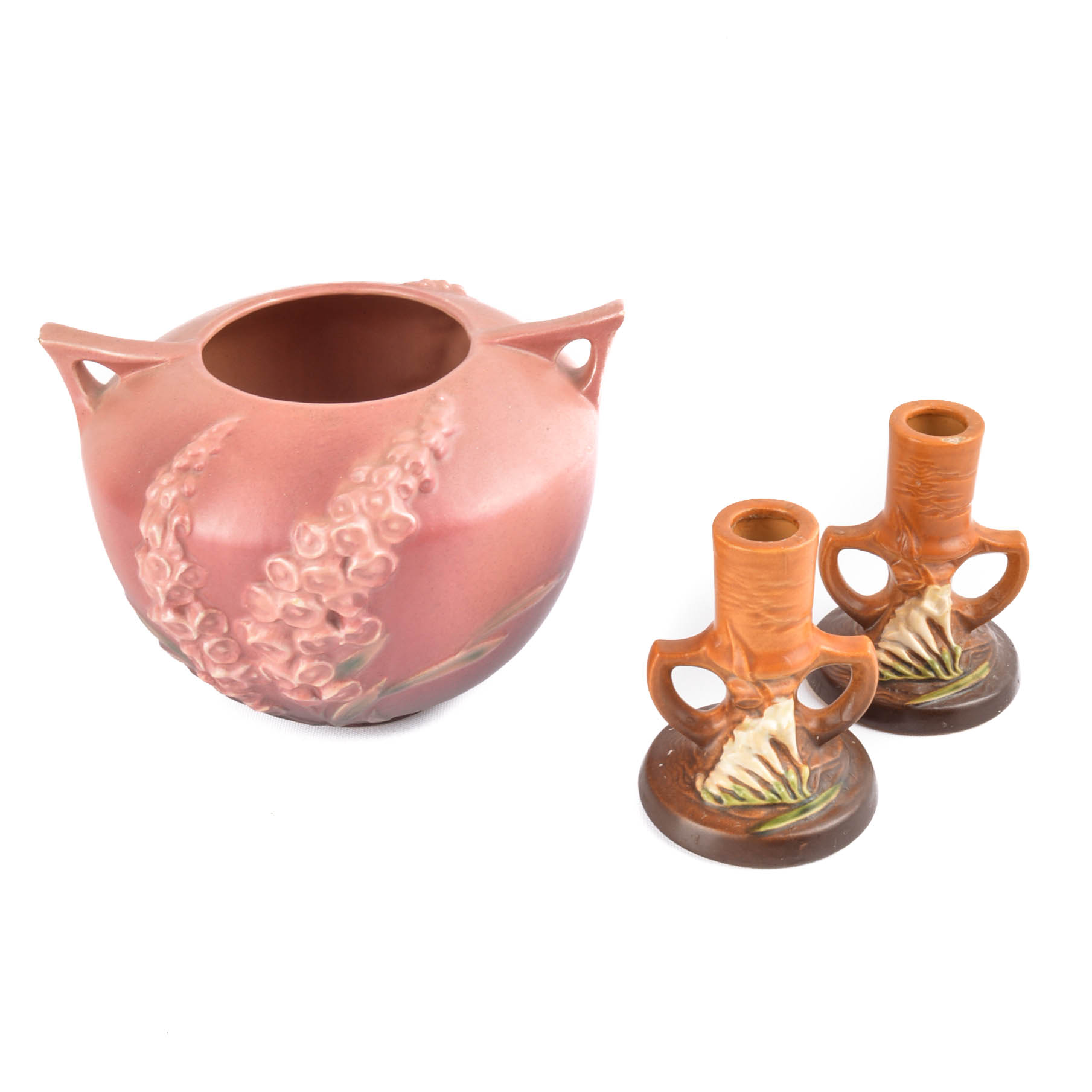 Roseville "Freesia" Candle Holders and "Foxglove" Jardinere