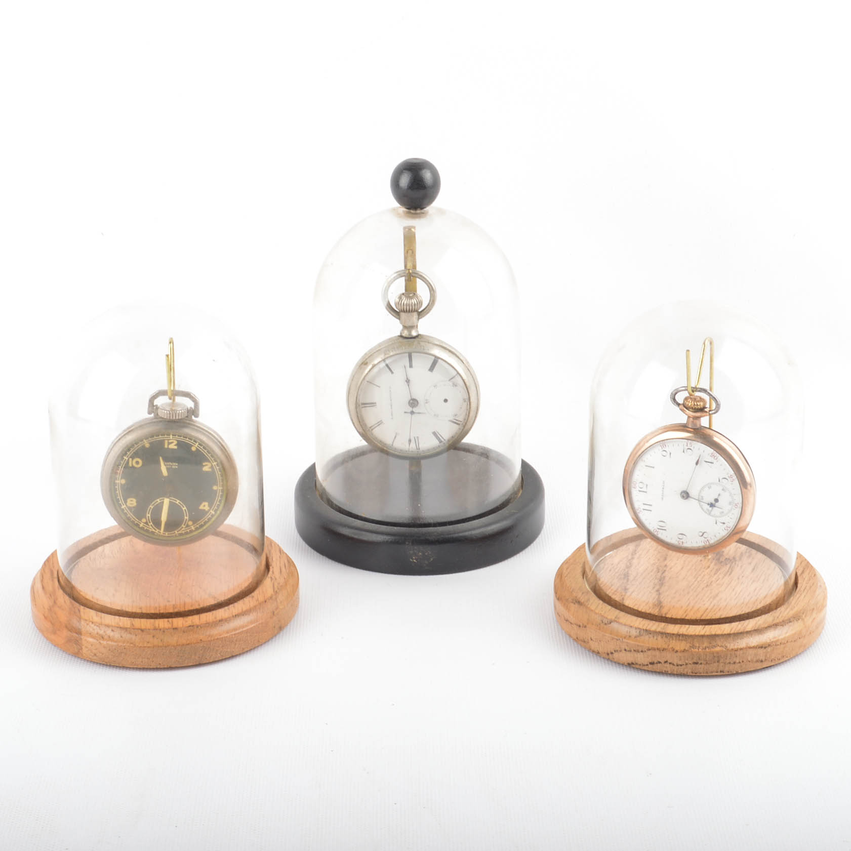 Three Vintage Pocket Watches With Display Stands