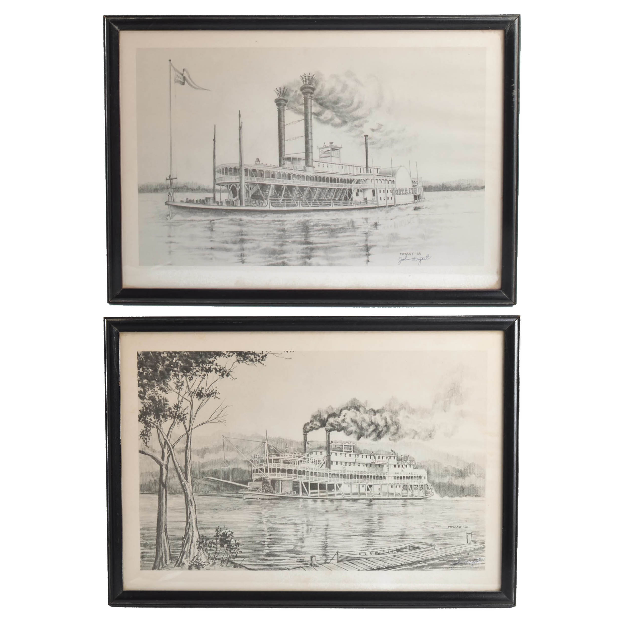 Pairing of Signed John Fryant Offset Lithographic Prints of Riverboats