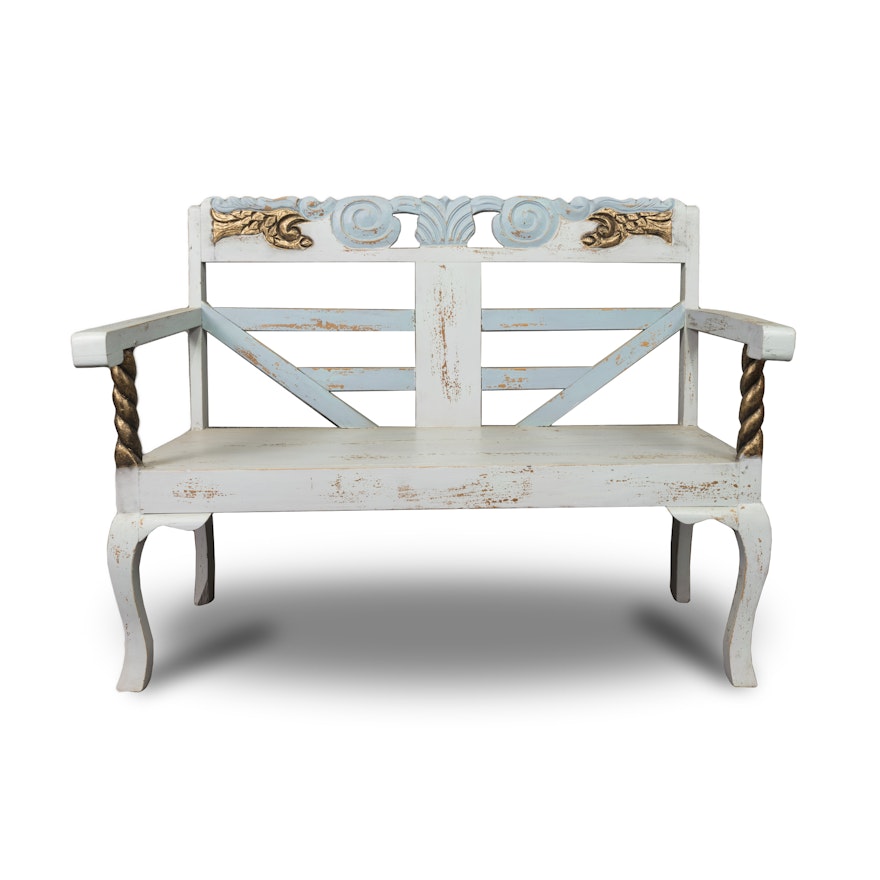 Hand-Painted Distressed White Bench