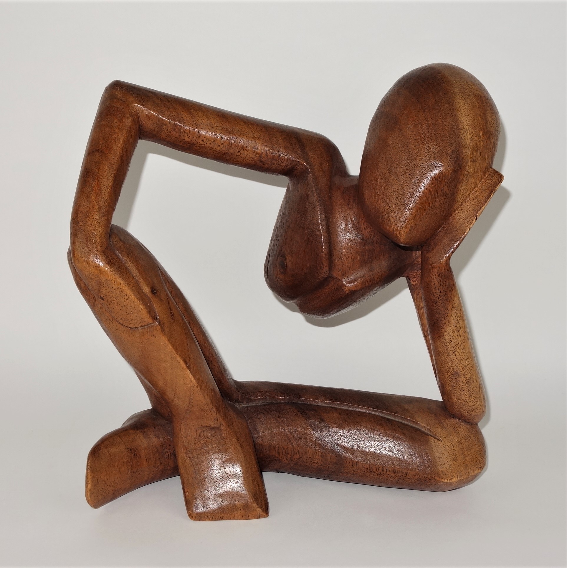 Mid Century Wood Carved Seated Woman Sculpture