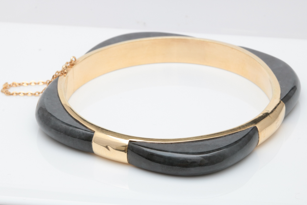 14K Yellow Gold and Black Jade Hinged Bangle Bracelet