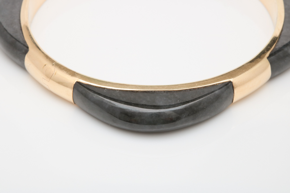 14K Yellow Gold and Black Jade Hinged Bangle Bracelet