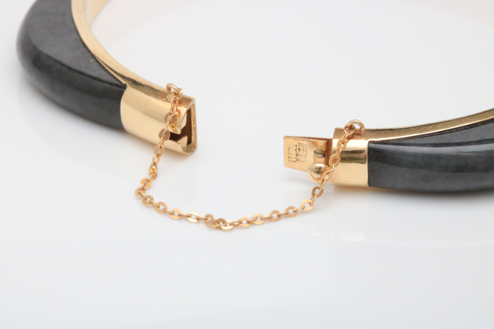14K Yellow Gold and Black Jade Hinged Bangle Bracelet