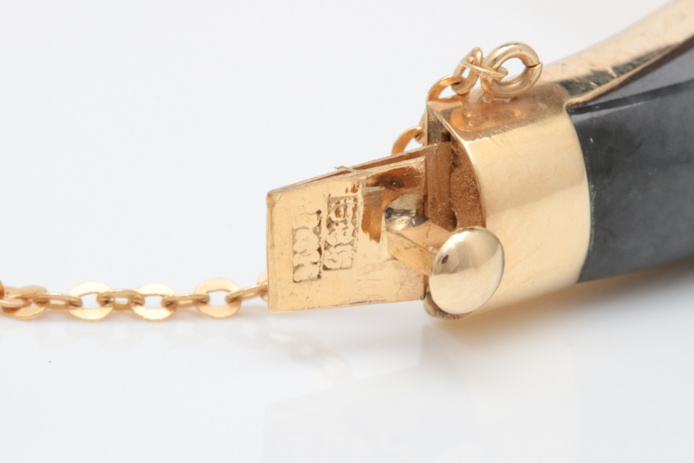 14K Yellow Gold and Black Jade Hinged Bangle Bracelet