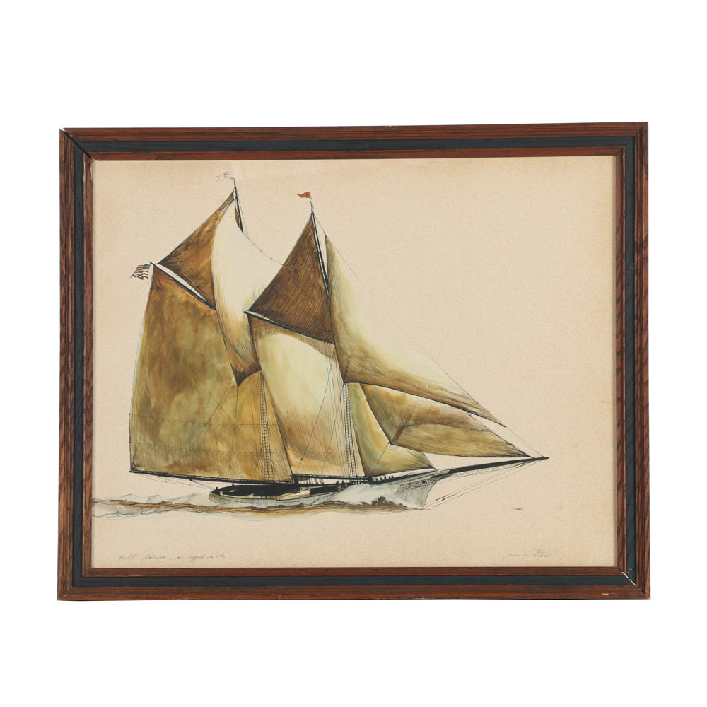James Mitchell Watercolor Painting and Ink Drawing "Yacht 'America', as rigged in 1900"