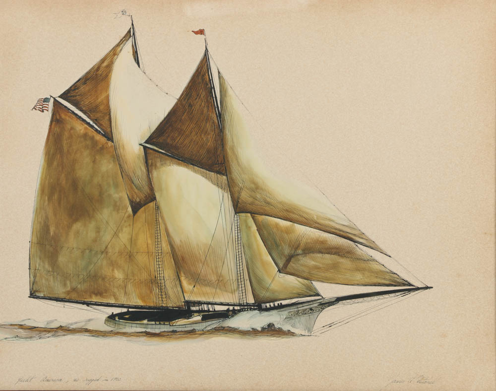 James Mitchell Watercolor Painting and Ink Drawing "Yacht 'America', as rigged in 1900"