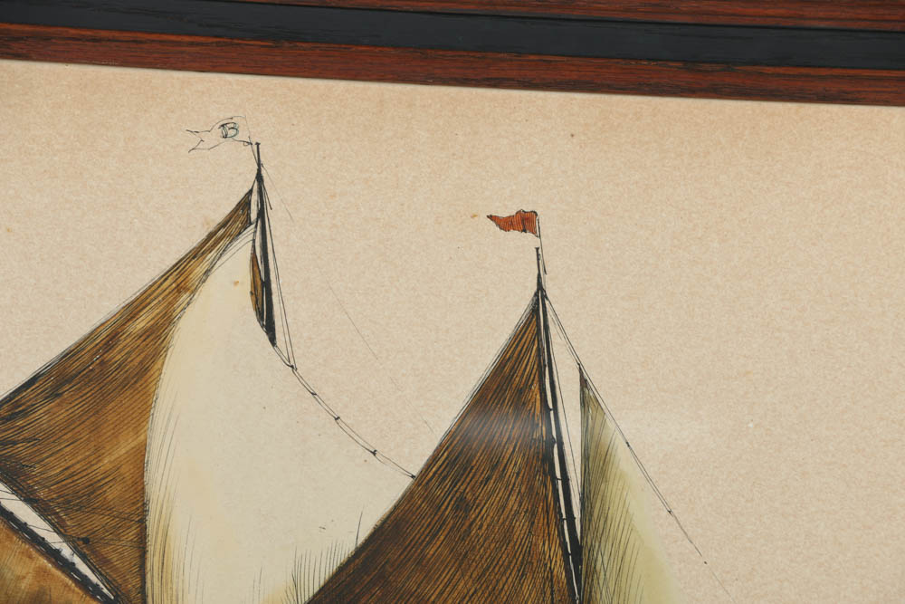 James Mitchell Watercolor Painting and Ink Drawing "Yacht 'America', as rigged in 1900"