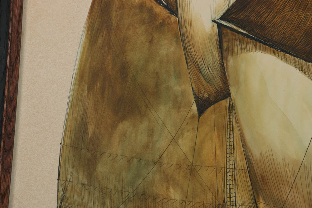 James Mitchell Watercolor Painting and Ink Drawing "Yacht 'America', as rigged in 1900"