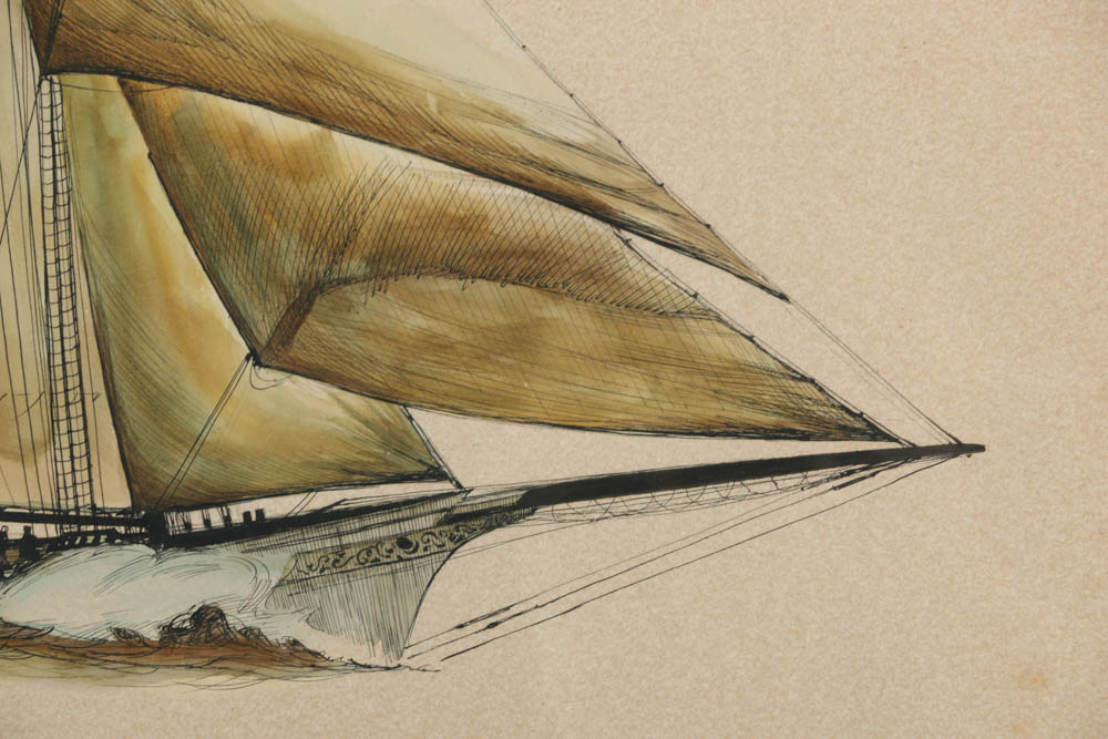James Mitchell Watercolor Painting and Ink Drawing "Yacht 'America', as rigged in 1900"