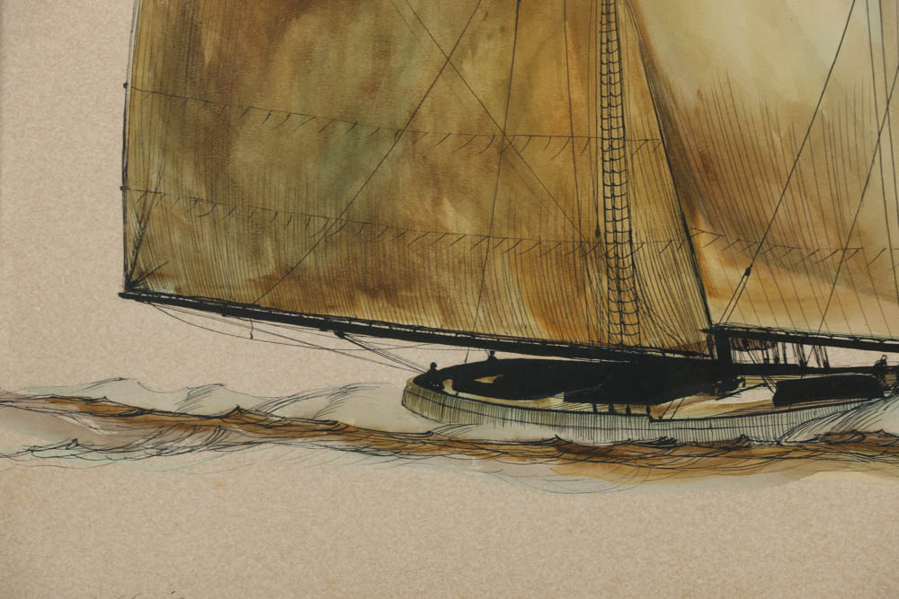 James Mitchell Watercolor Painting and Ink Drawing "Yacht 'America', as rigged in 1900"