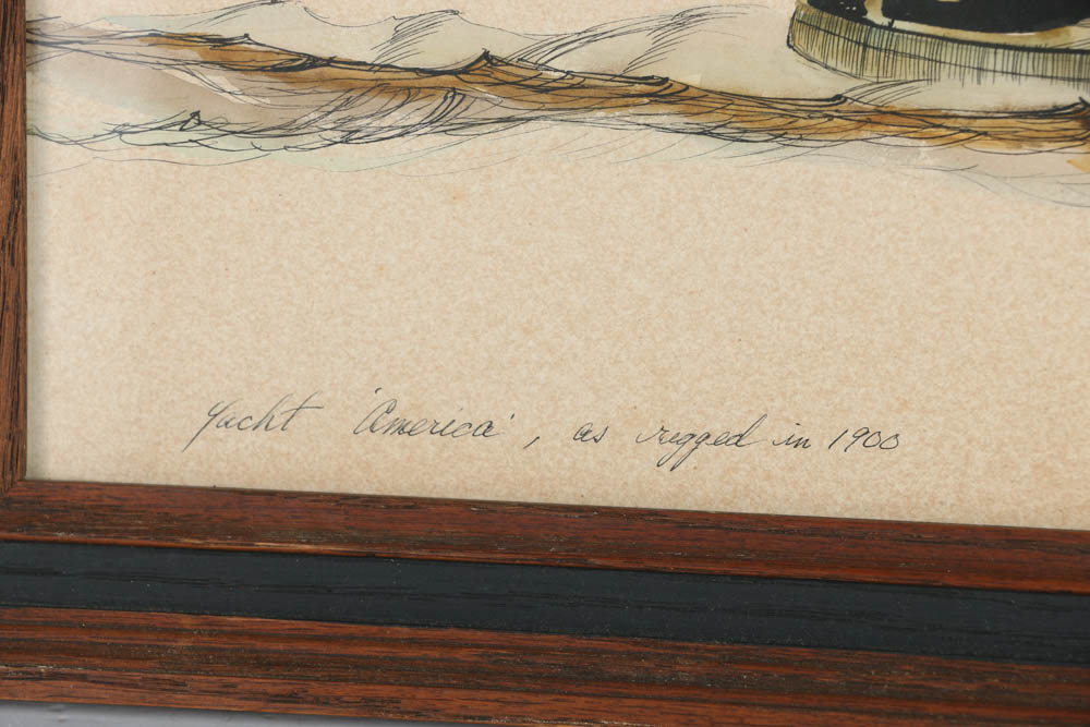 James Mitchell Watercolor Painting and Ink Drawing "Yacht 'America', as rigged in 1900"