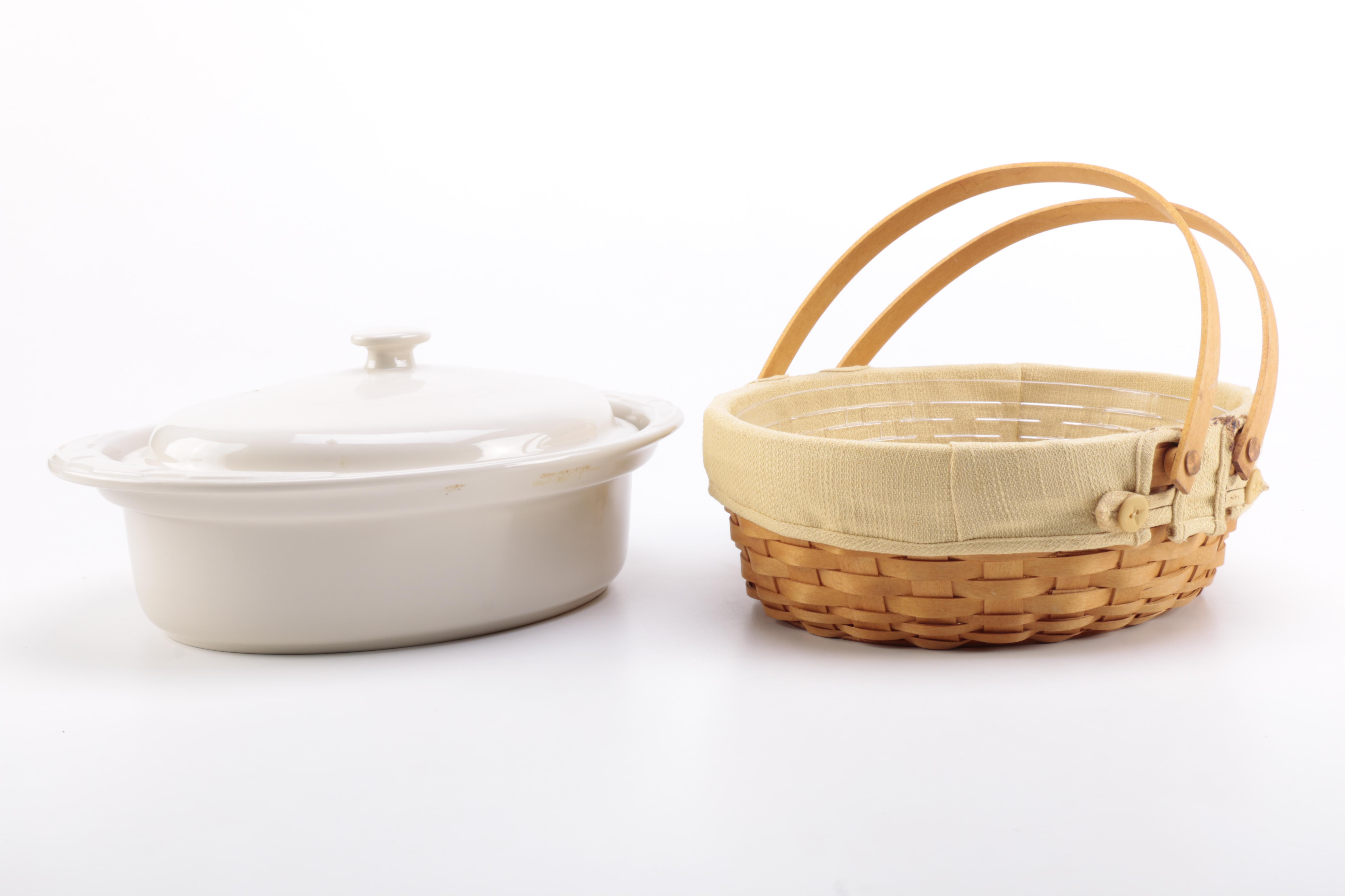 Longaberger Basket With White Ceramic Oval Casserole Dish