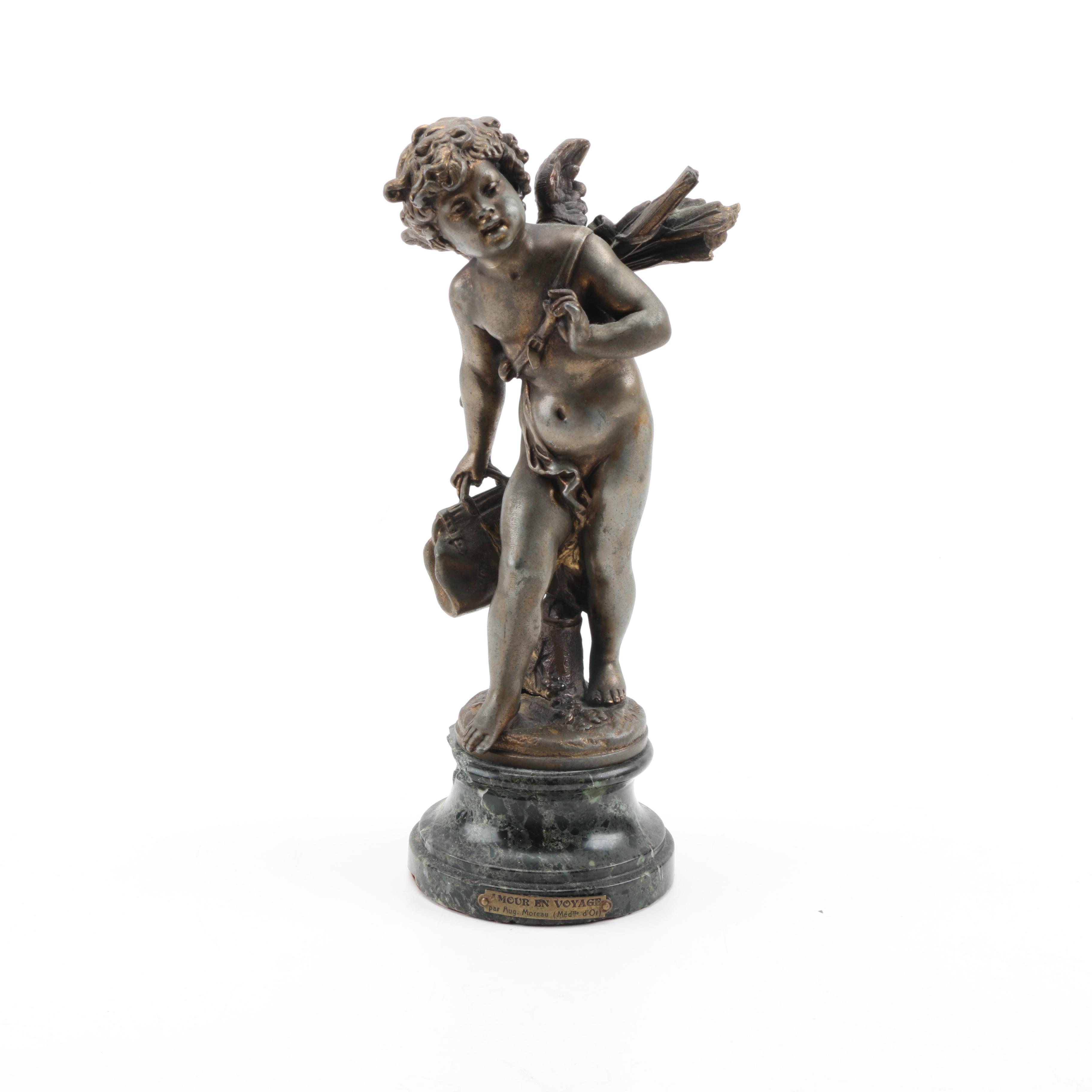 After Auguste Moreau Antique Metal and Marble Sculpture "Amour en Voyage"