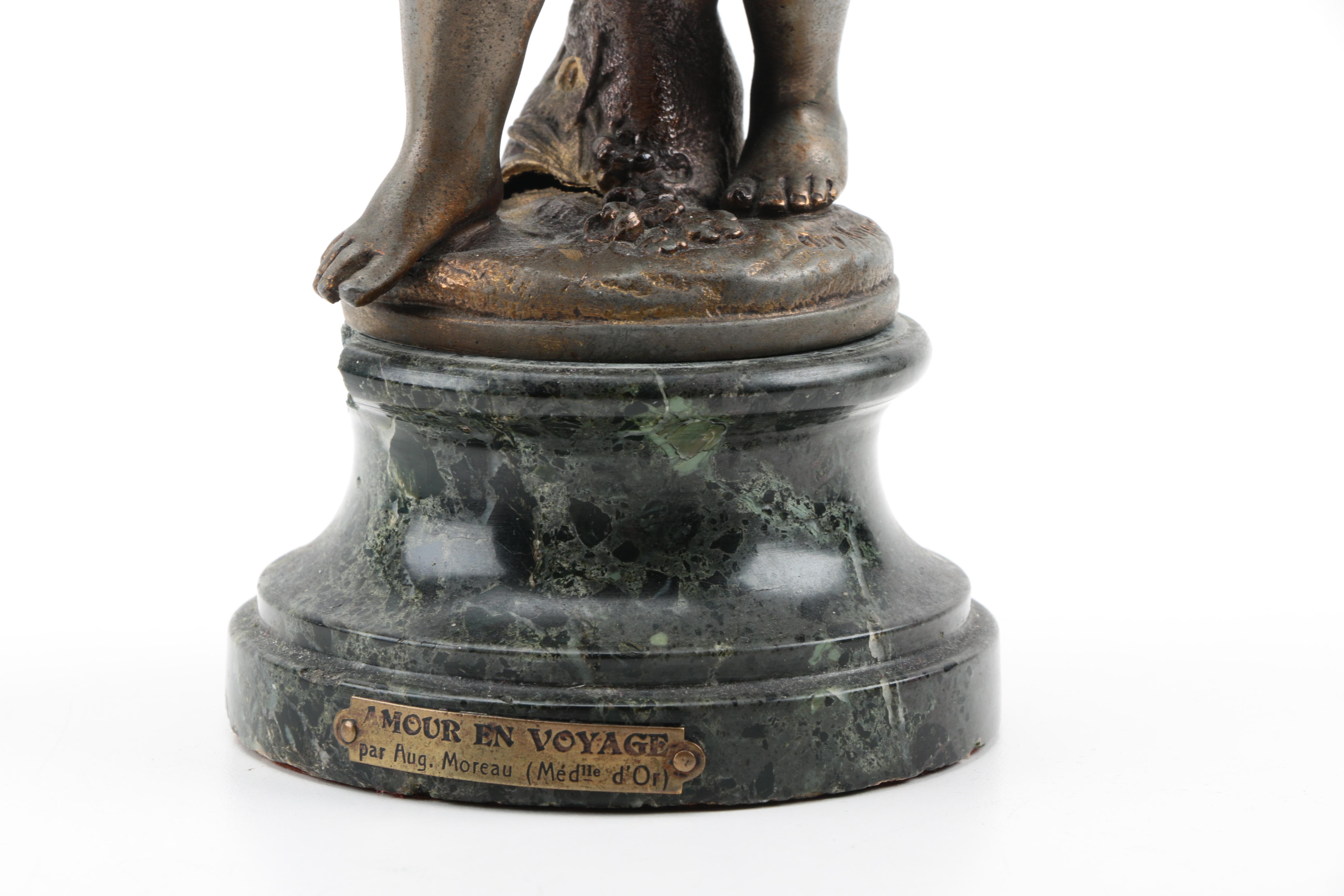 After Auguste Moreau Antique Metal and Marble Sculpture "Amour en Voyage"