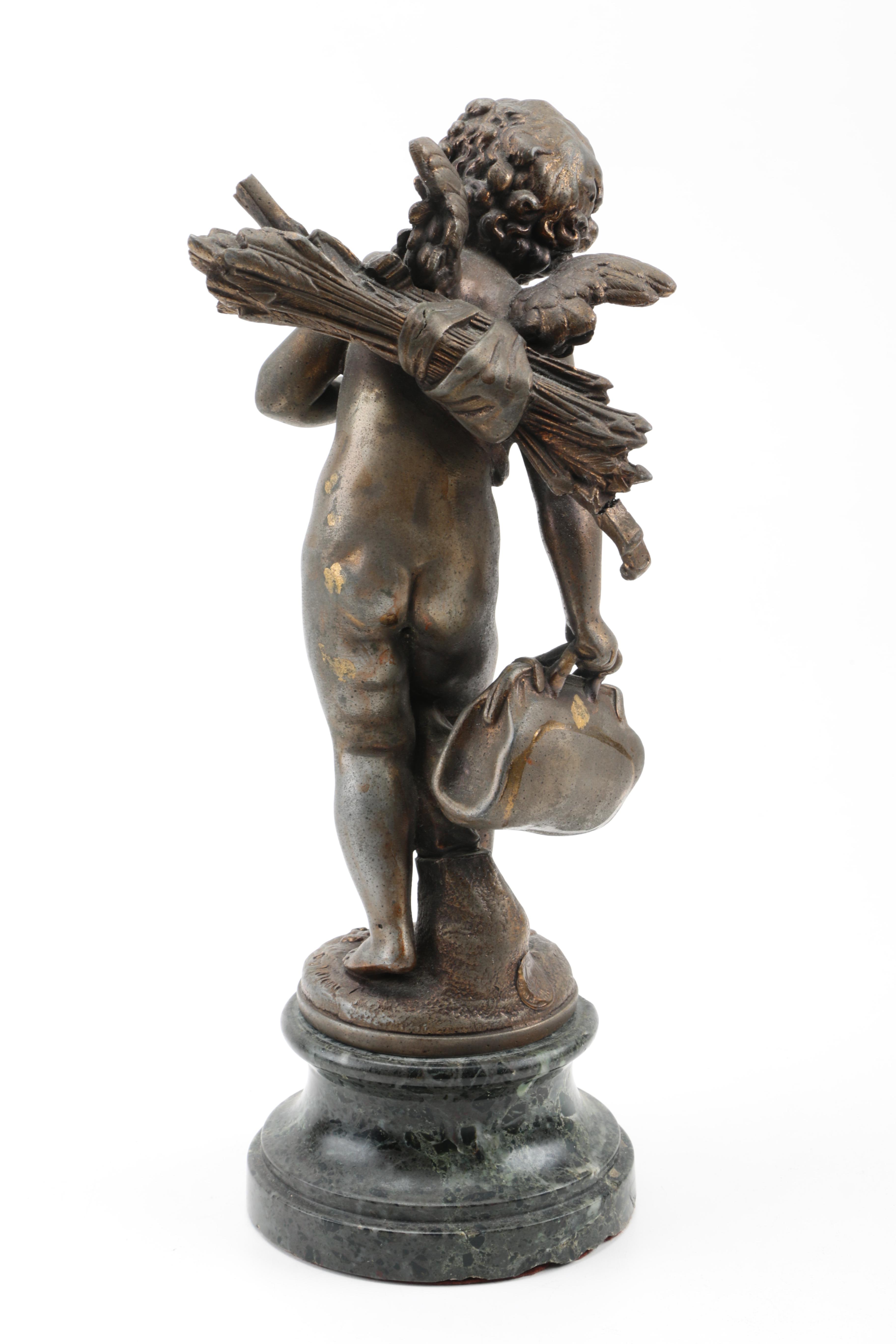 After Auguste Moreau Antique Metal and Marble Sculpture "Amour en Voyage"