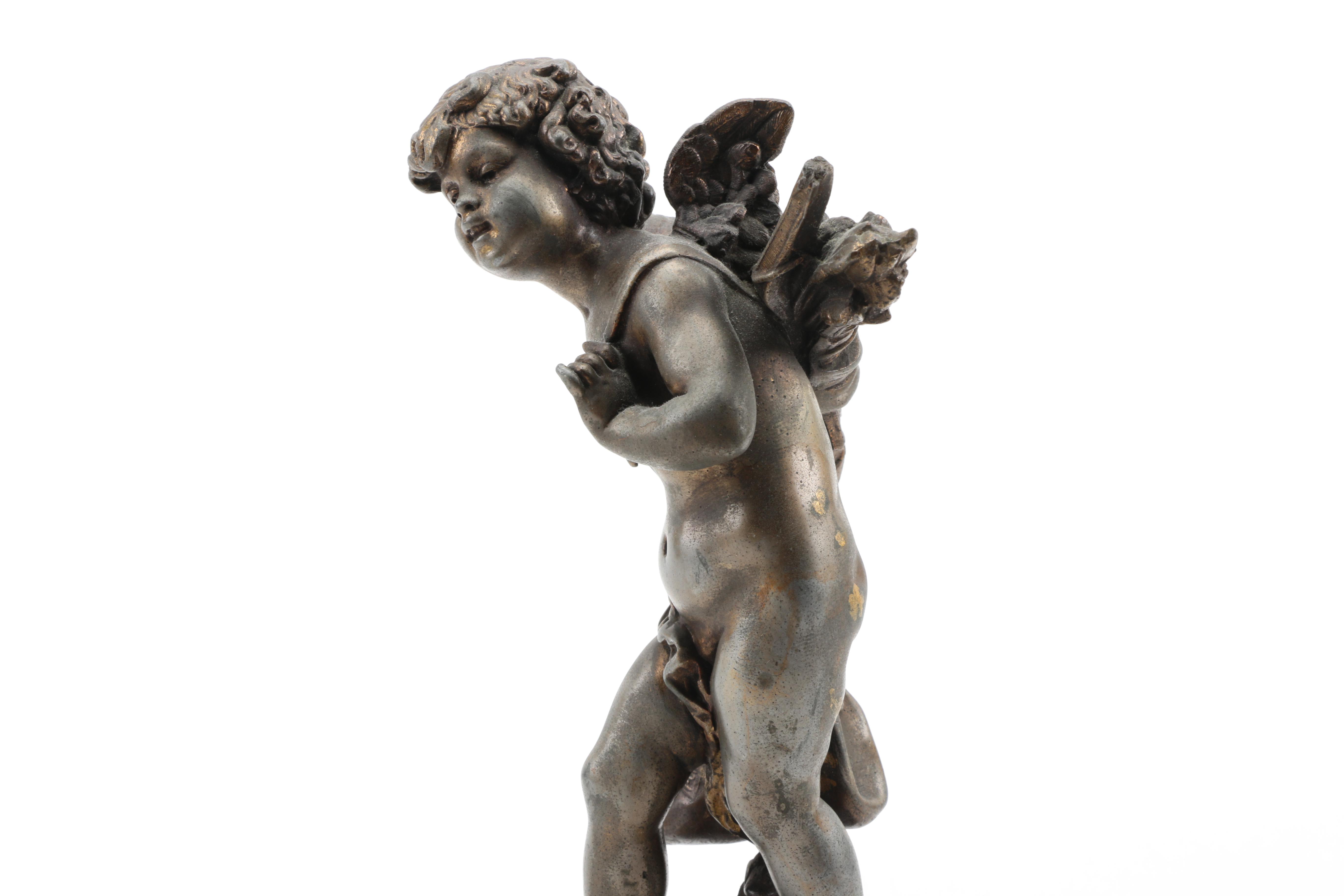 After Auguste Moreau Antique Metal and Marble Sculpture "Amour en Voyage"
