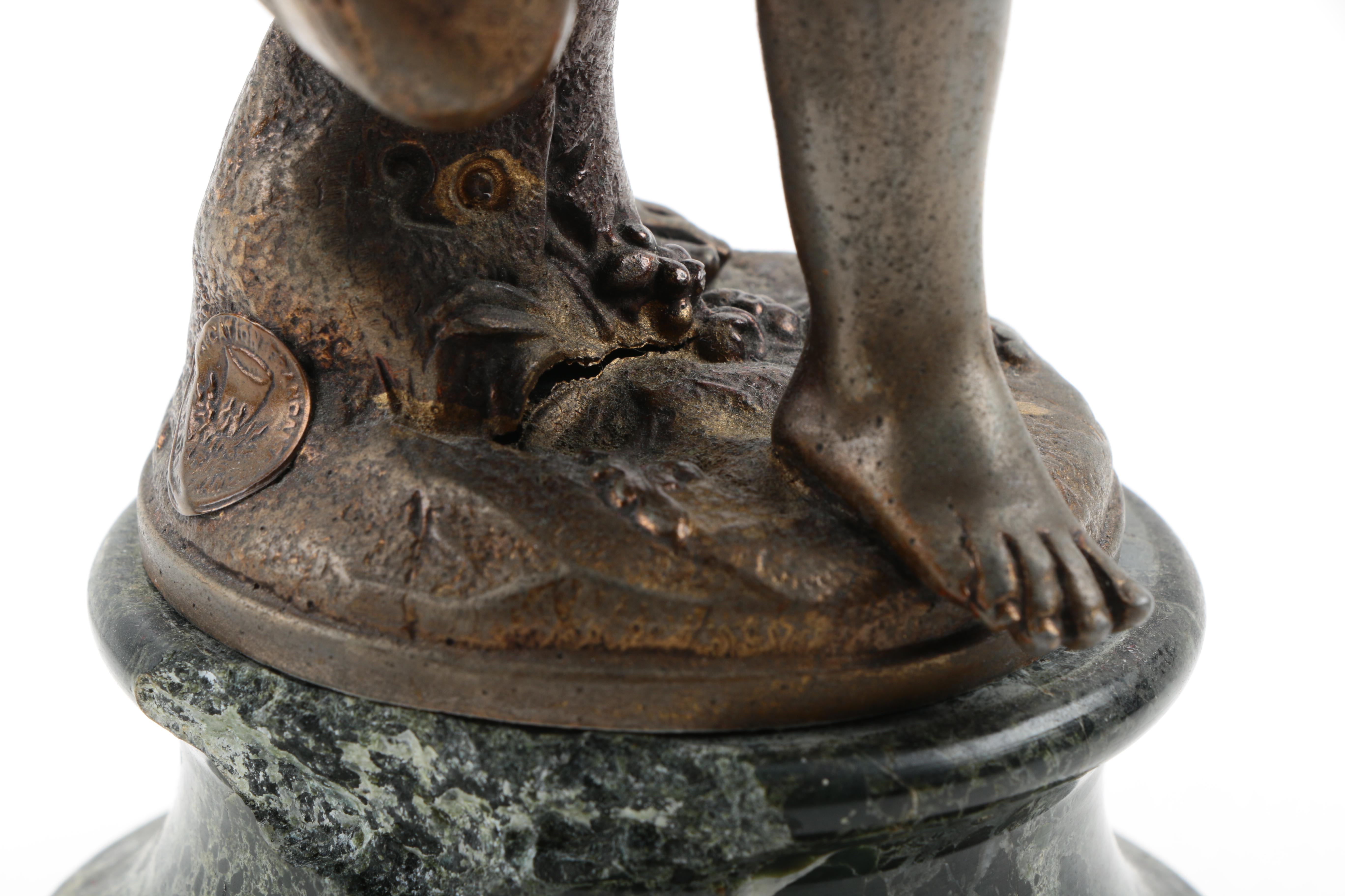 After Auguste Moreau Antique Metal and Marble Sculpture "Amour en Voyage"