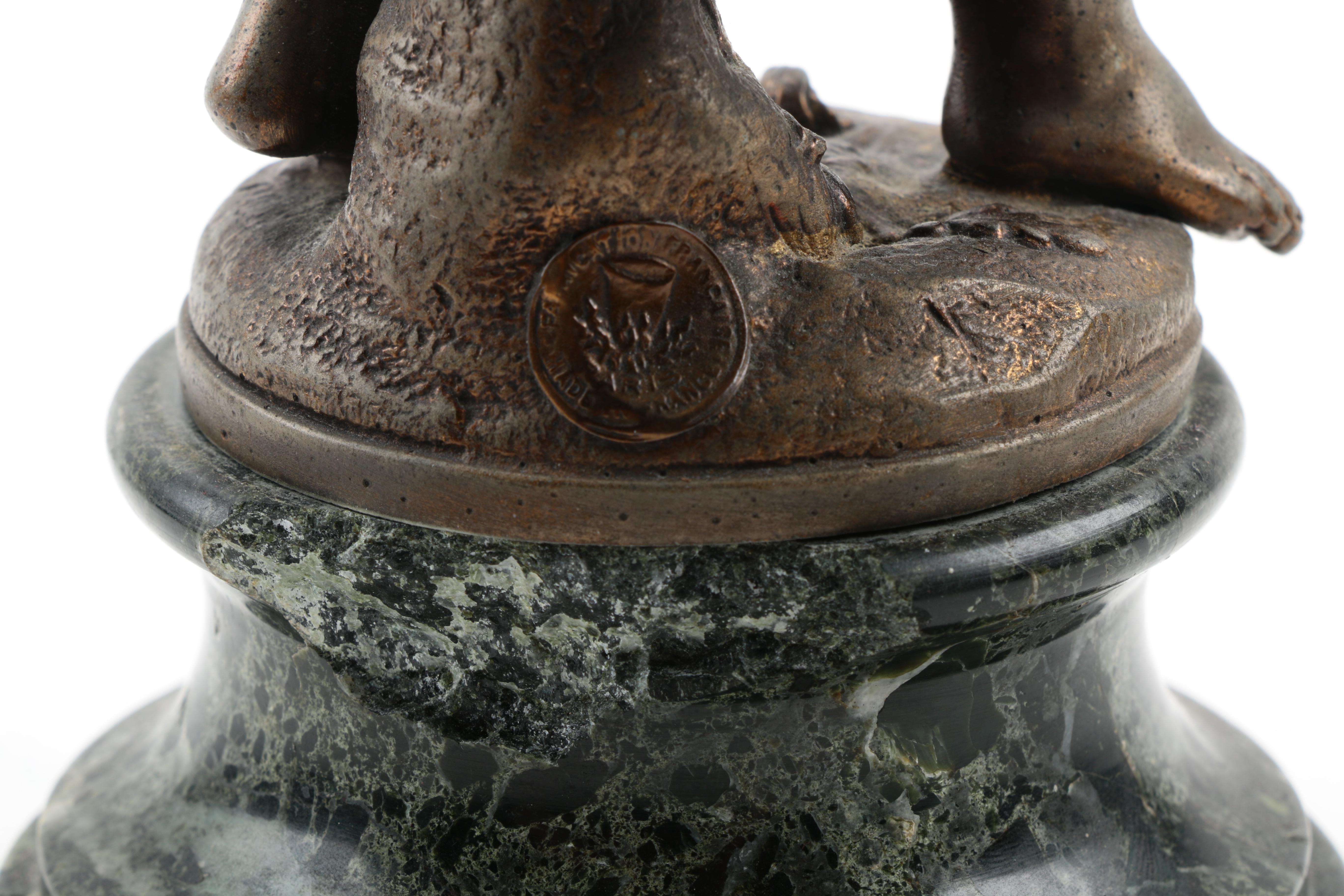 After Auguste Moreau Antique Metal and Marble Sculpture "Amour en Voyage"