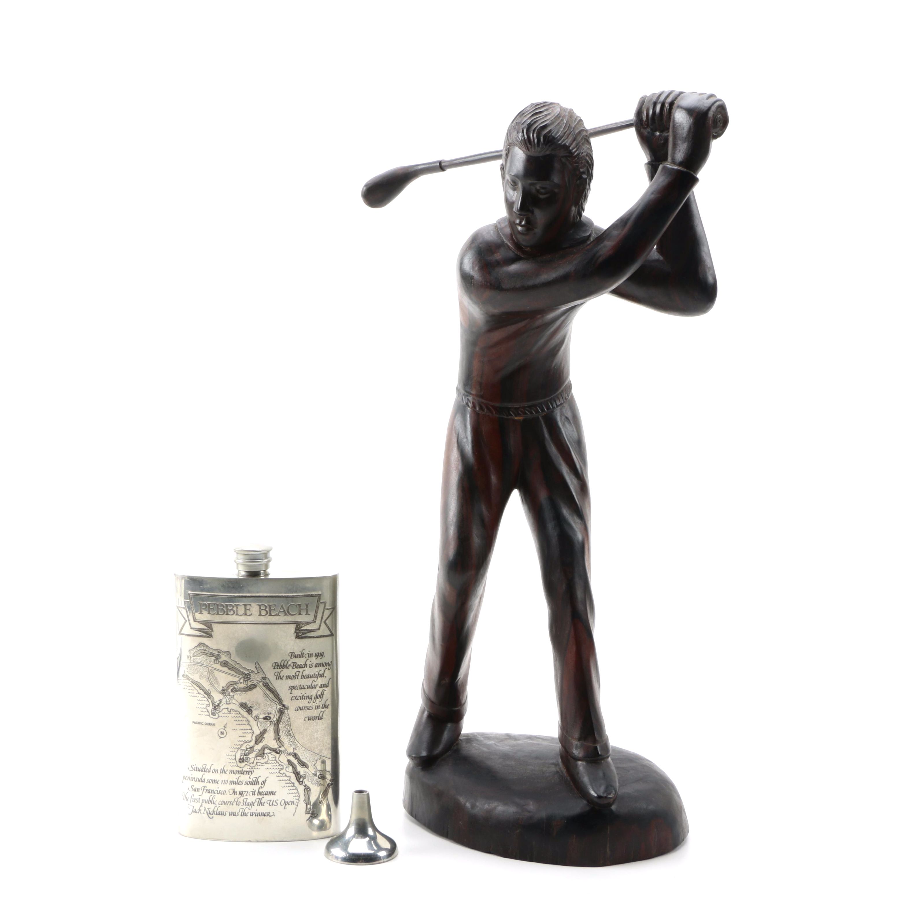 Wooden Golf Figurine and Metal Flask